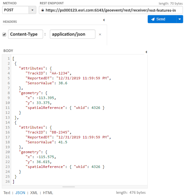 Feature JSON with two feature records, with point geometry, organized in an array Feature JSON with two feature records, with point geometry, organized in an array