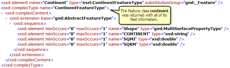 Continent feature class and its field information returned by the filtered DescribeFeatureType operation Continent feature class and its field information returned by the filtered DescribeFeatureType operation